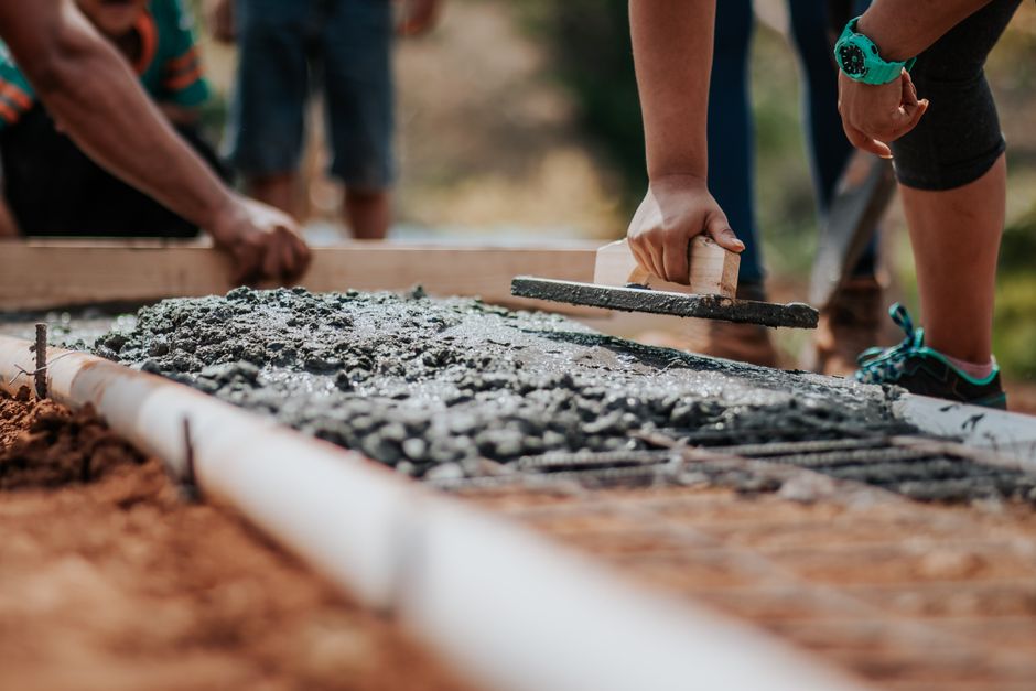 Concrete slab foundation poured for a new house
